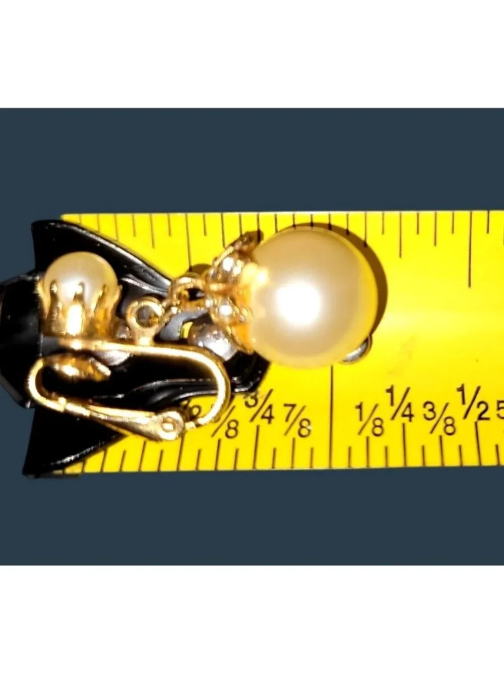 Vtg Gold Tone Clip-on Earrings Faux Pearl Drops with Small Crystal Cap Accents